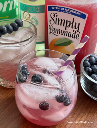 Photo of a moscato wine spritzer in a short wine glass made with Blueberry Lemonade garnished with fresh blueberries with a purple and white straw.