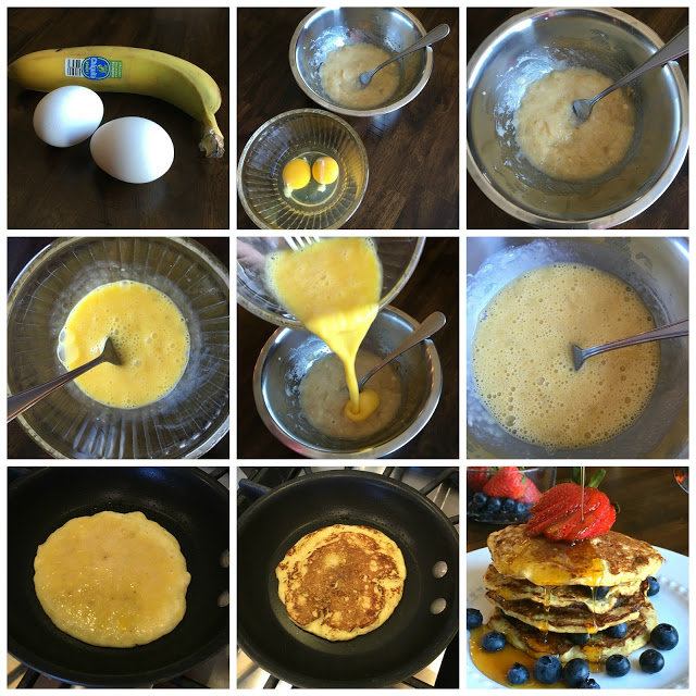 This is a 9 photo collage showing pictures making the banana pancakes from beginning to end.