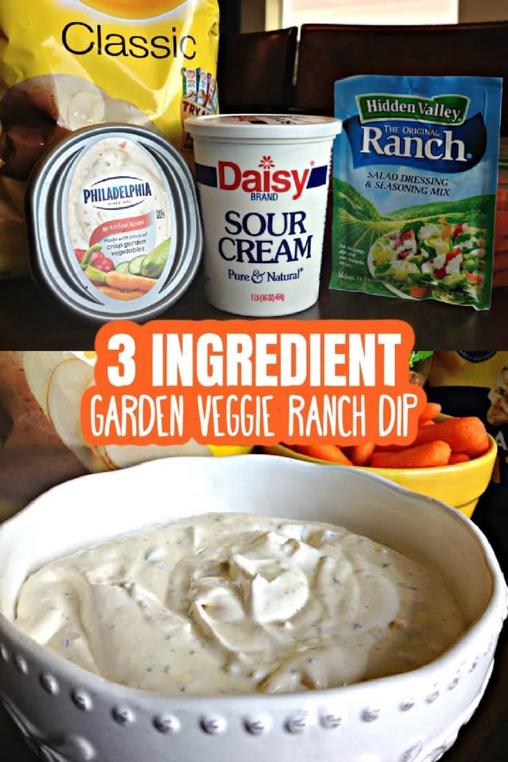 Ingredients for the dip on a counter top behind the dip served in a white bowl. There is also a bag of potato chips behind the bowl. 