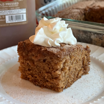 This photo shows a piece of Apple Cider Crazy Cake on a plate with a dollop of whipped cream on top.
