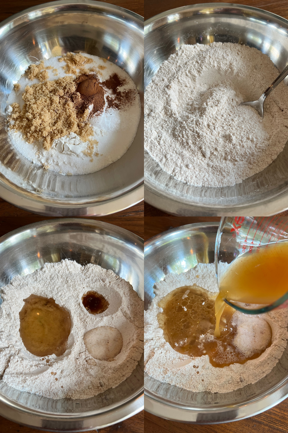 This is a 4 photo collage showing the batter being made in a large bowl.