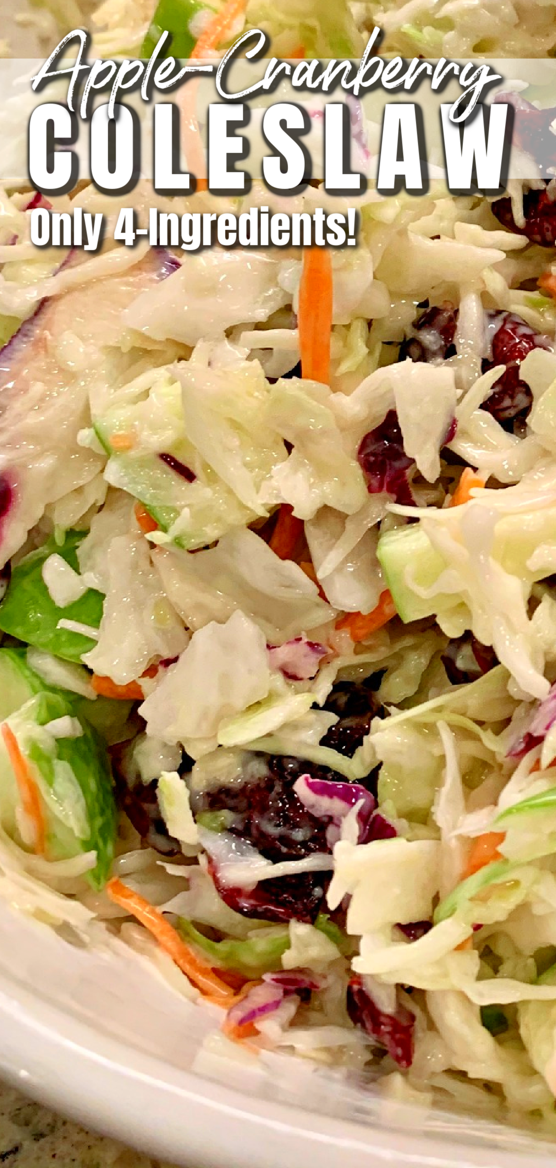This photo shows apple-cranberry coleslaw in a white bowl. 