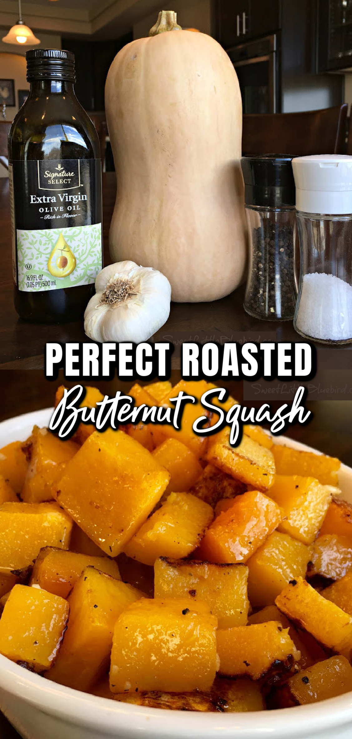 Two image collage. Top photo show ingredients on a kitchen table. Bottom photo shows roasted butternut squash in a white serving bowl.