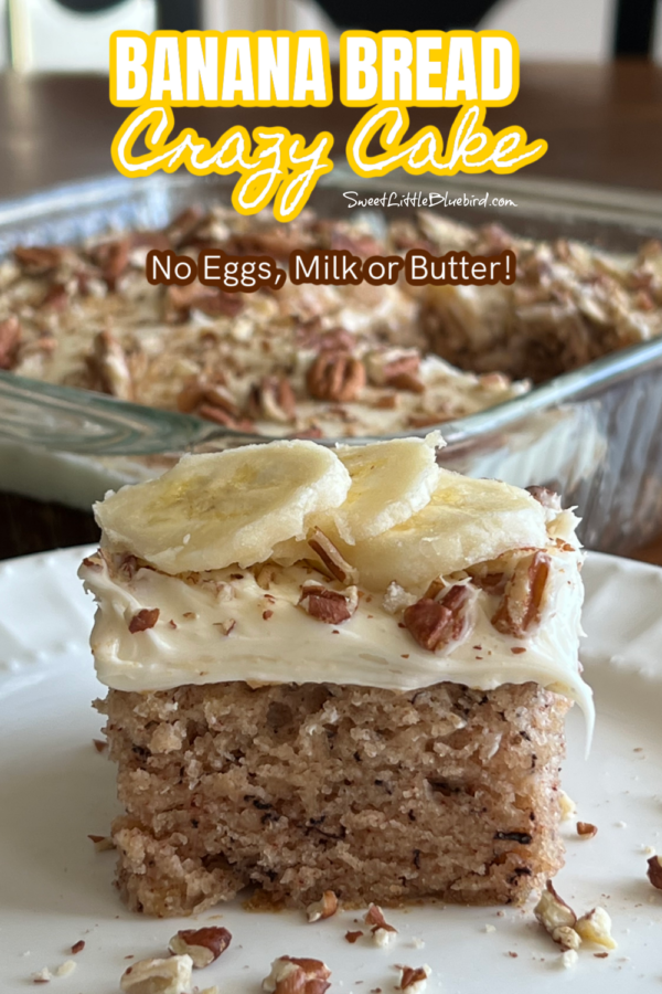 This is a photo showing a square piece of Banana Bread Crazy Cake with vanilla frosting, chopped pecans and sliced bananas served on a square plate.