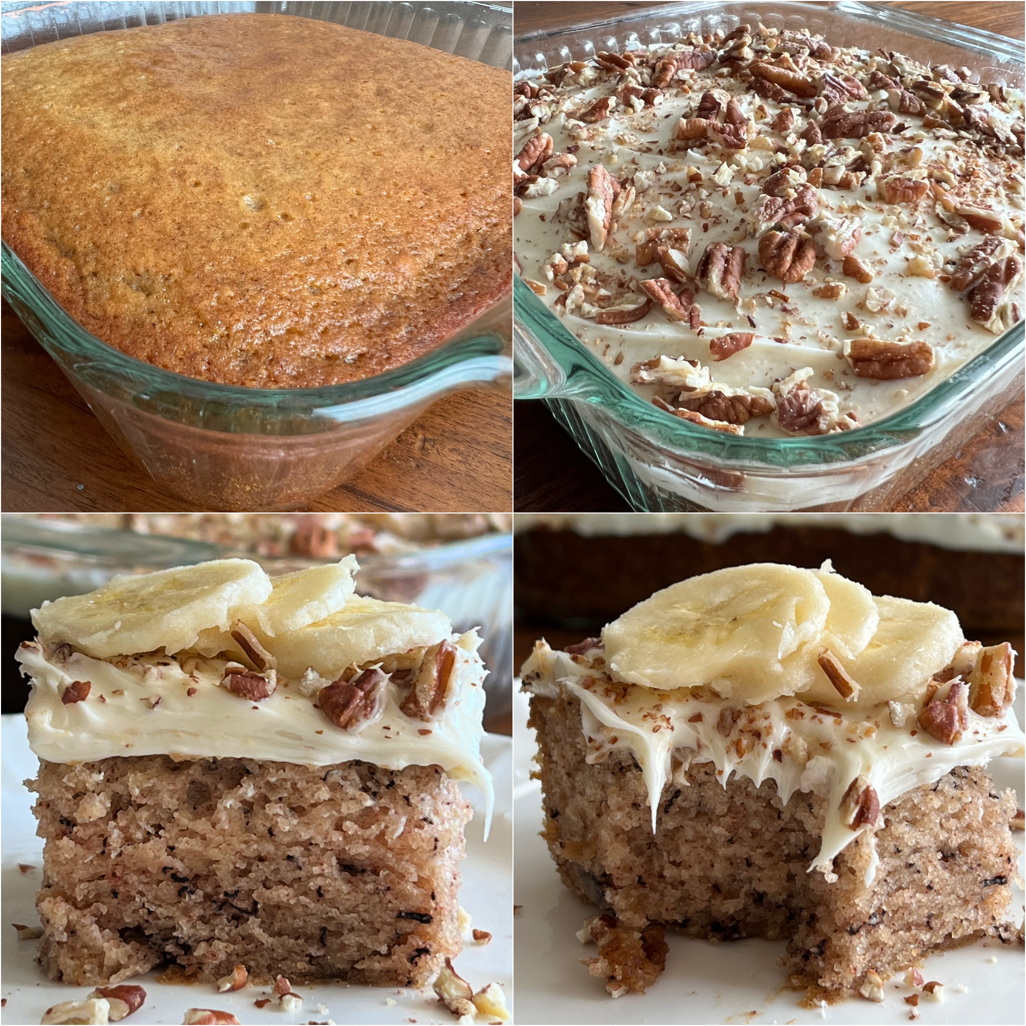 This is a 4 photo collage showing the banana bread crazy cake without vanilla frosting and chopped pecans. Another photo shows the cake with vanilla frosting, chopped pecans and fresh sliced bananas. There is also a photo showing a piece of the cake on a place with a bite take from the cake.