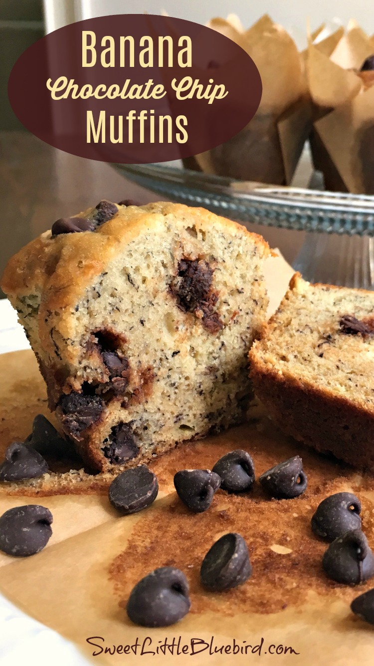 A CHOCOLATE CHIP BANANA MUFFIN Cut with chocolate chips sprinkled around the muffin. 