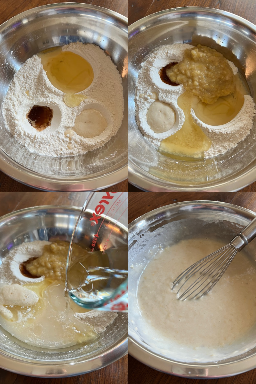 This is a 4 photo collage showing pictures mixing the batter in a big silver mixing bowl. 