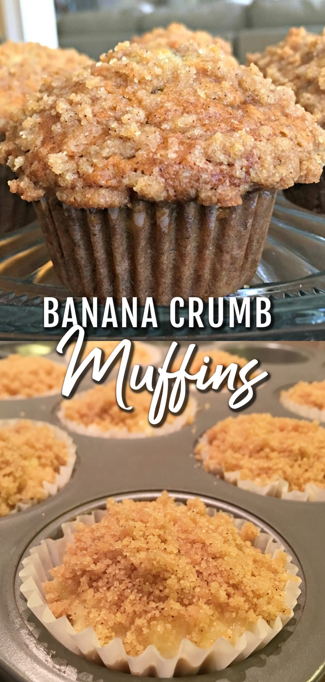 This is a two image collage. The top photo shows a banana muffin on a plate. The bottom photo shows a muffin pan with filled with banana muffin batter, ready to bake.
