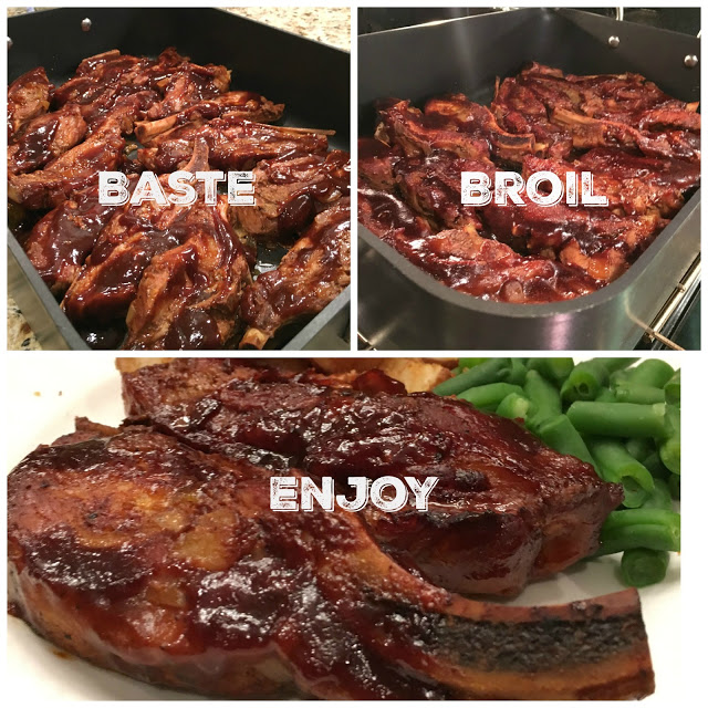 This is a 3 photo collage showing the ribs in a ban after basting, after broiling and then served on a plate next to green beans and roasted potatoes. 