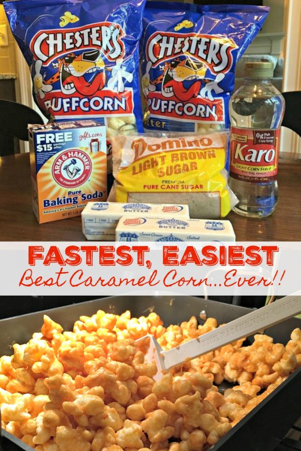 This is a 2 photo collage. Top photo shows the ingredients needed to make the caramel corn. The bottom photo shows the caramel corn being mixed in a pan. 