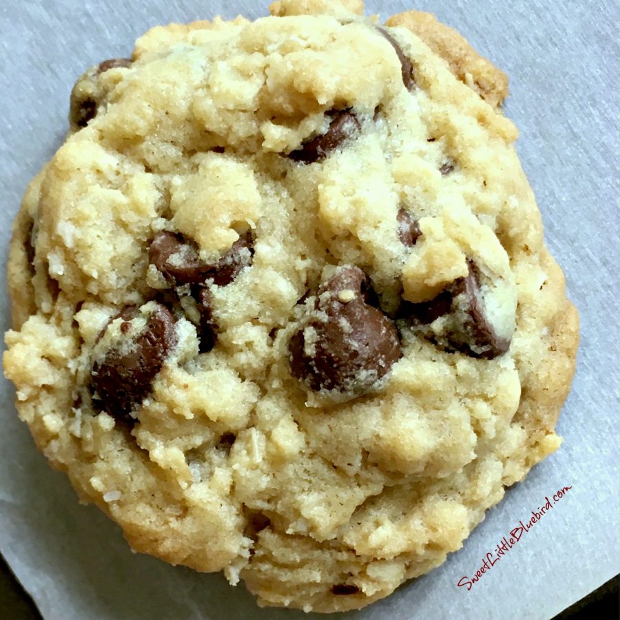 This is a photo of a one cookie after baking on white parchment paper.