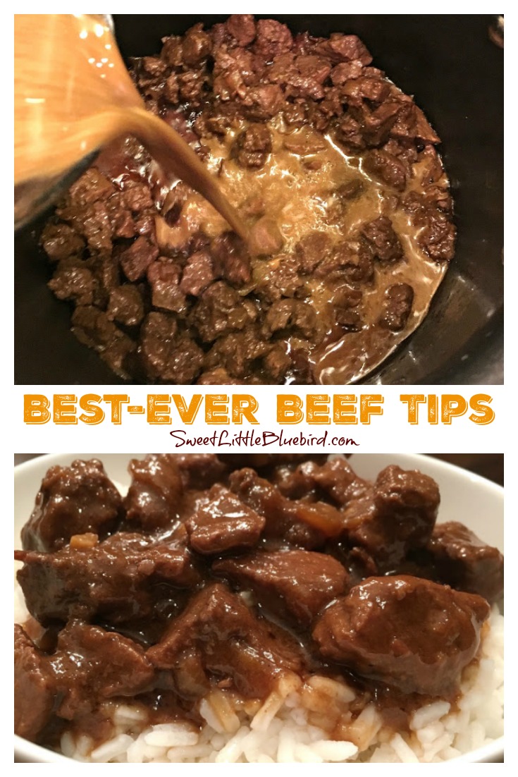This is a two photo collage. The top photo shows the beef tips in a black stock pan cooking with gravy being poured over the tips. The bottom photo shows the beef tips and gravy served over white rice in a round white bowl. 