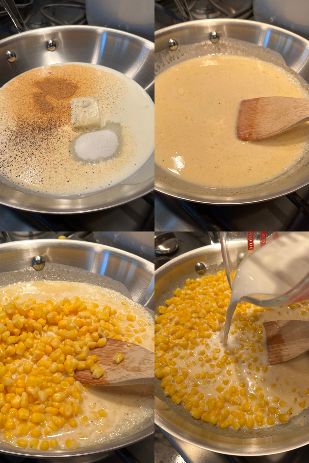This is a 4 photo collage showing the Creamed Corn being made in a skillet on a stove top.