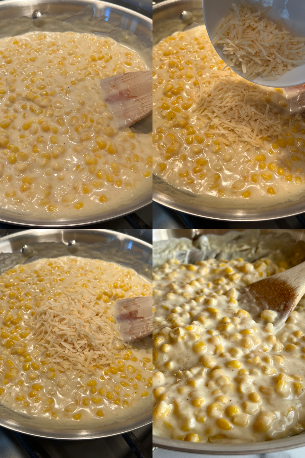 This is a 4 photo collage showing the Creamed Corn being made in a skillet on a stove top.