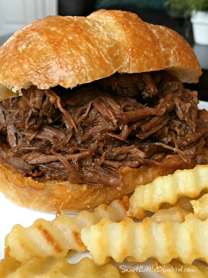 Weekend Potluck Recipes - Slow cooker BBQ Beef Sandwich served with french fries
