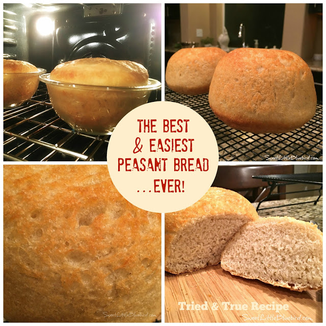 This is a 4 photo collage showing peasant bread after baking. 