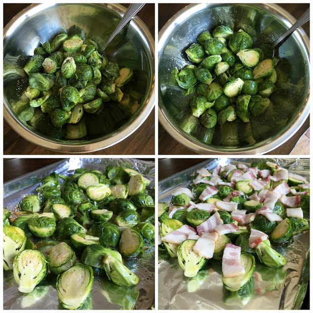 This is a 4 photo collage showing making the brussels sprouts. Two photos of the brussels sprouts in a large silver mixing bowl. and two photos of the brussels sprouts on a baking sheet covered with foil before going into the oven.