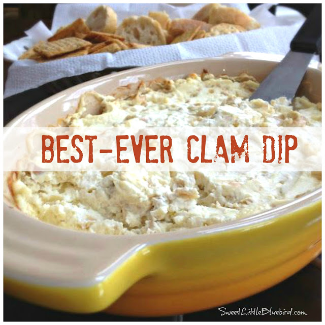 This photo shows the clam dip in the baking dish after baking, ready to serve. 