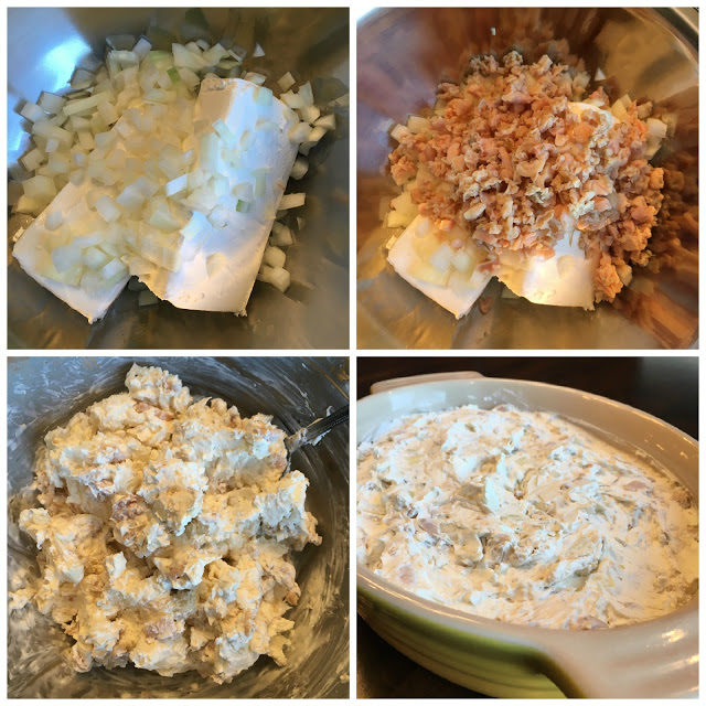 This is a 4 photo collage showing the dip in a bowl, being made. The last photo shows the dip in a baking dish before going into the oven.