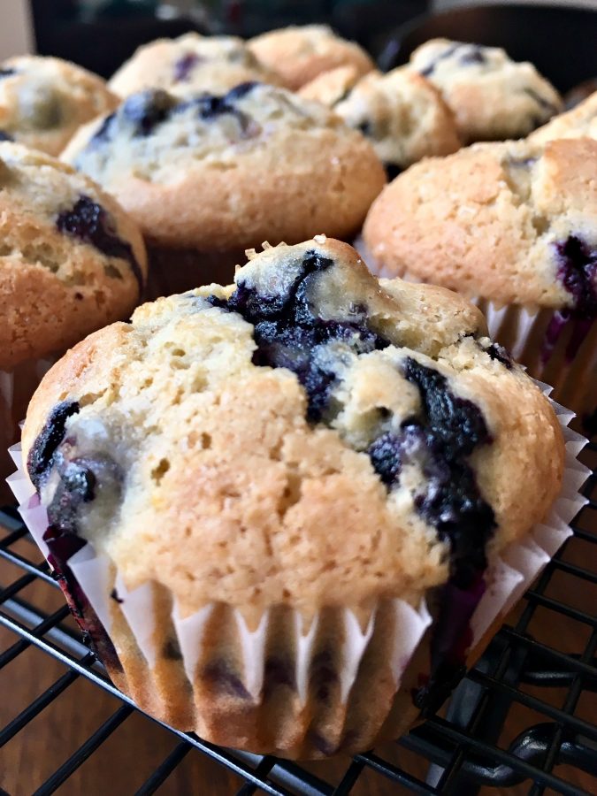 Photo of Blueberry Muffins after baking on cooling rack.