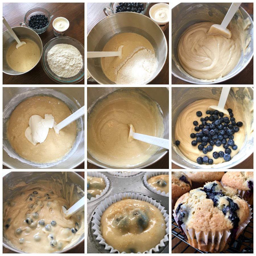 9 photo collage  showing making Blueberry Muffins 