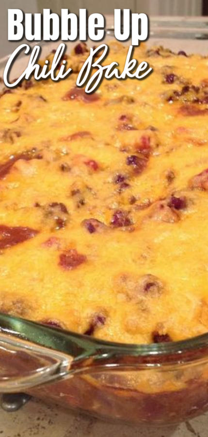 This image shows Bubble Up Chili Bake after baking in a clear glass baking dish.