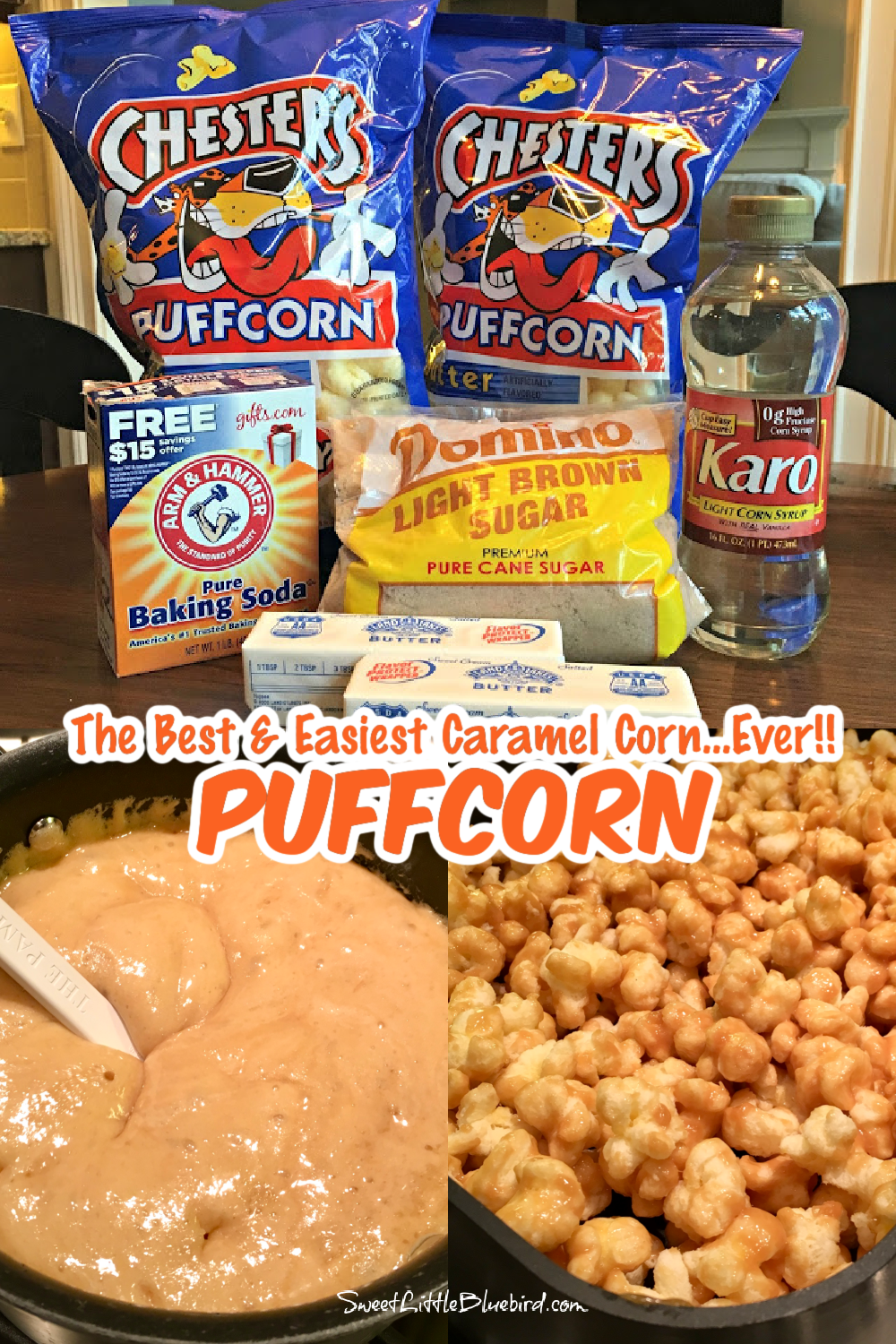 This is a three photo collage. One photo shows the ingredients for the recipe, another shows the caramel sauce cooking in a pan, and a photo with the caramel corn baking in a pan. 