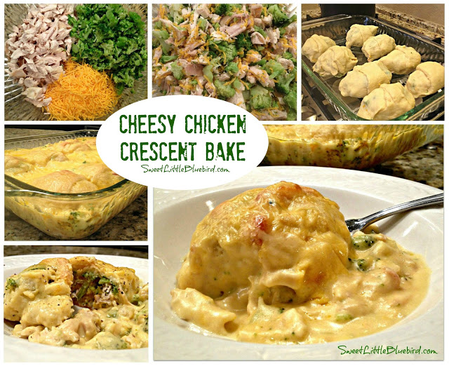 This is a seven photo collage showing the Cheesy Chicken Crescent Rolls being made. 