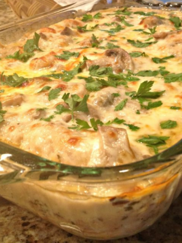 Chicken Gloria Casserole baked in a clear baking dish.
