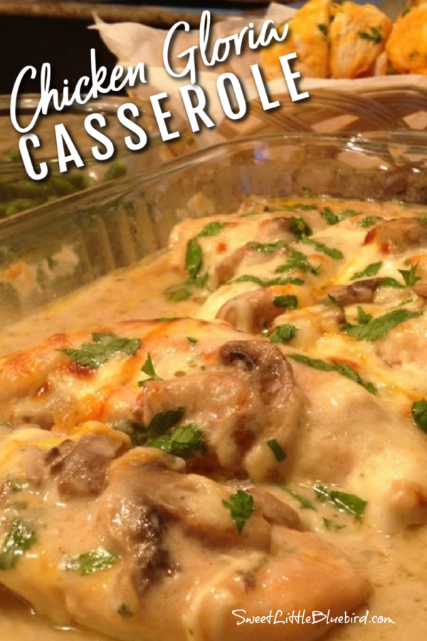 This photo show Chicken Gloria Casserole after baking in a clear baking dish. 