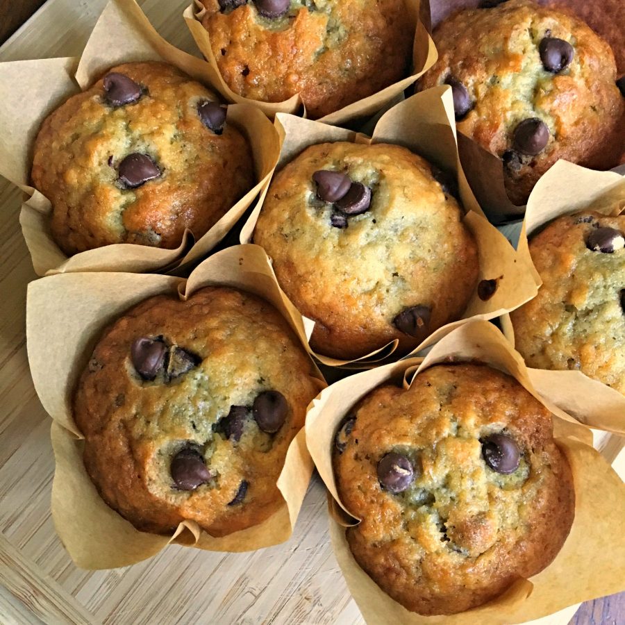 Photo of 7 baked banana chocolate chips muffins.