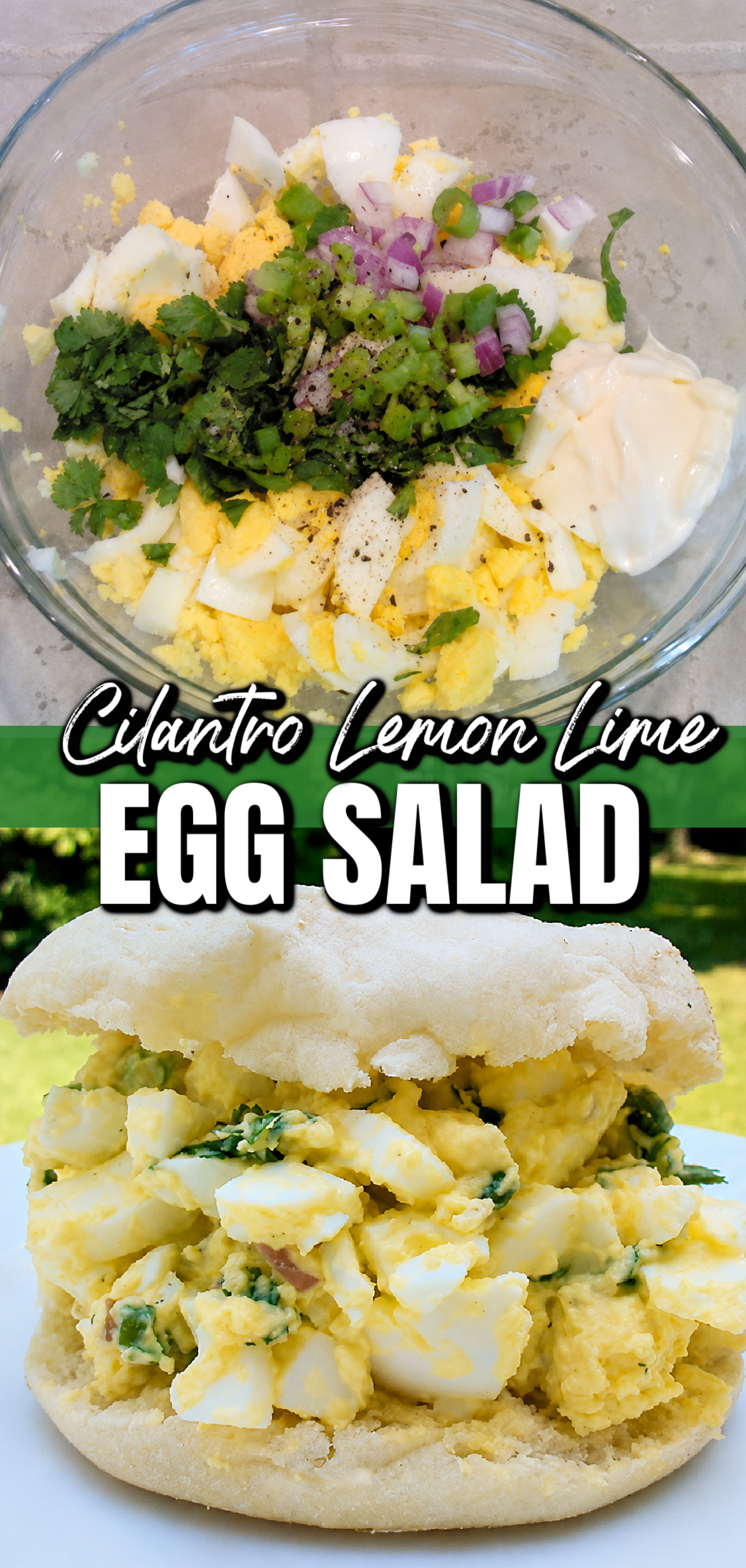 Two photo collage. Top photo is the ebb salad in a clear golass mixing bowl, before being mixed together. Bottom photo is the salad served on a lightly toasted English muffin.
