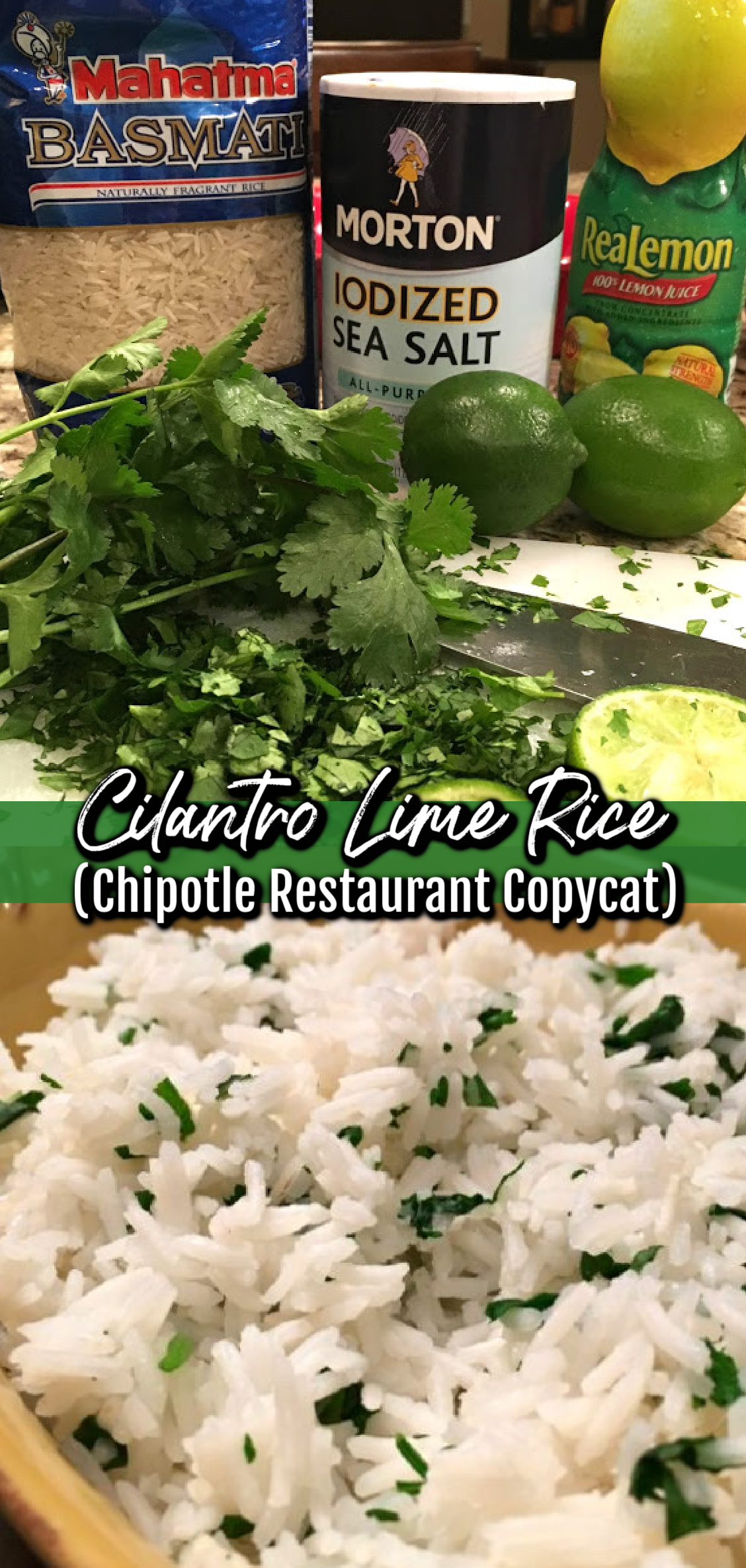 Two image collage. Top photo shows ingredients on a counter top. Bottom photo shows the rice in a yellow serving bowl.