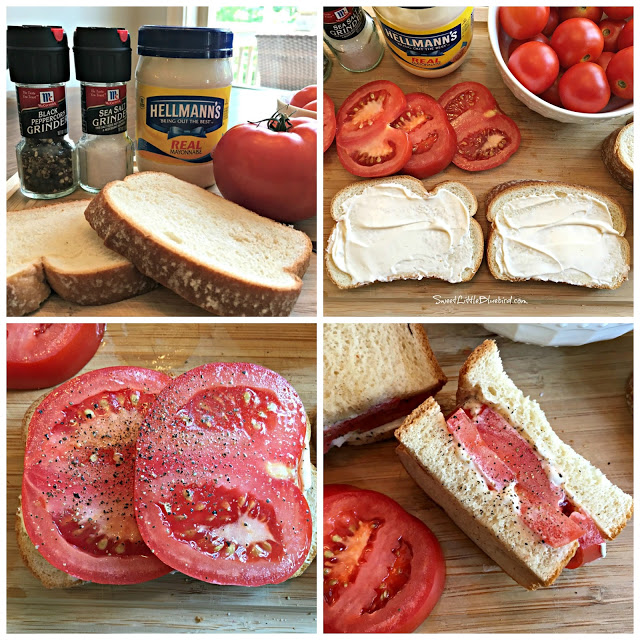 This is a four photo collage showing a simple tomato sandwich with tomato, mayonnaise salt and pepper on white bread being made on a cutting board.