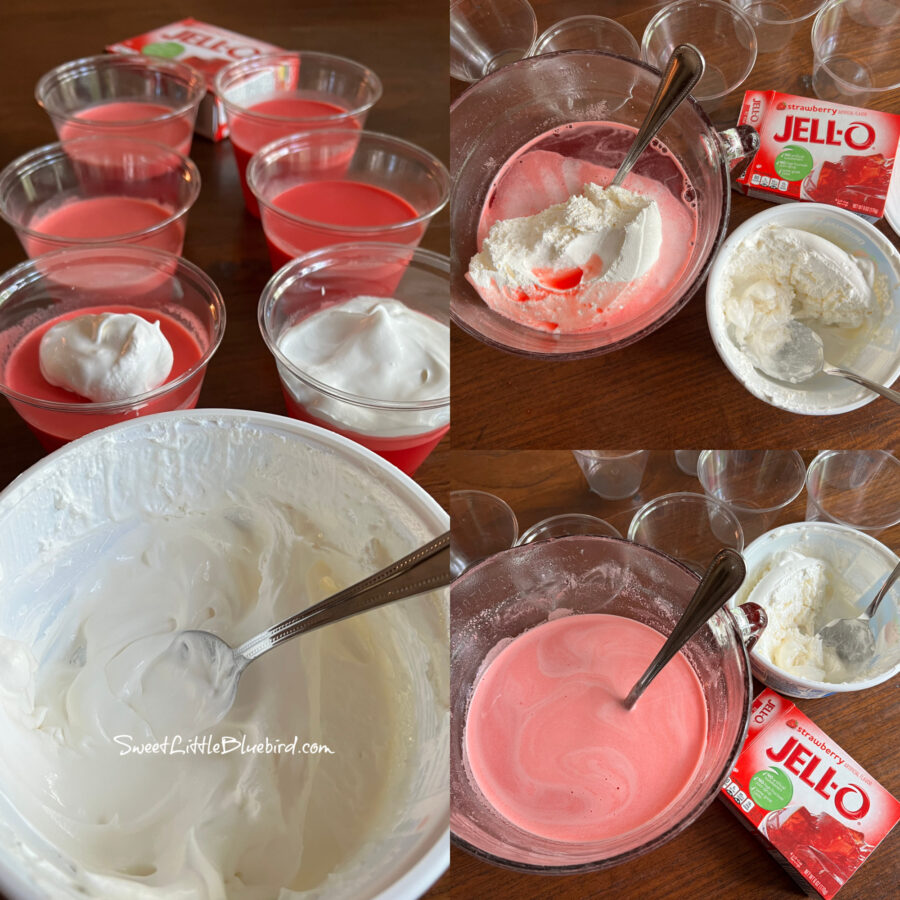 3 photo collage photos showing making Copycat Jello 1-2-3 Dessert using strawberry jello.