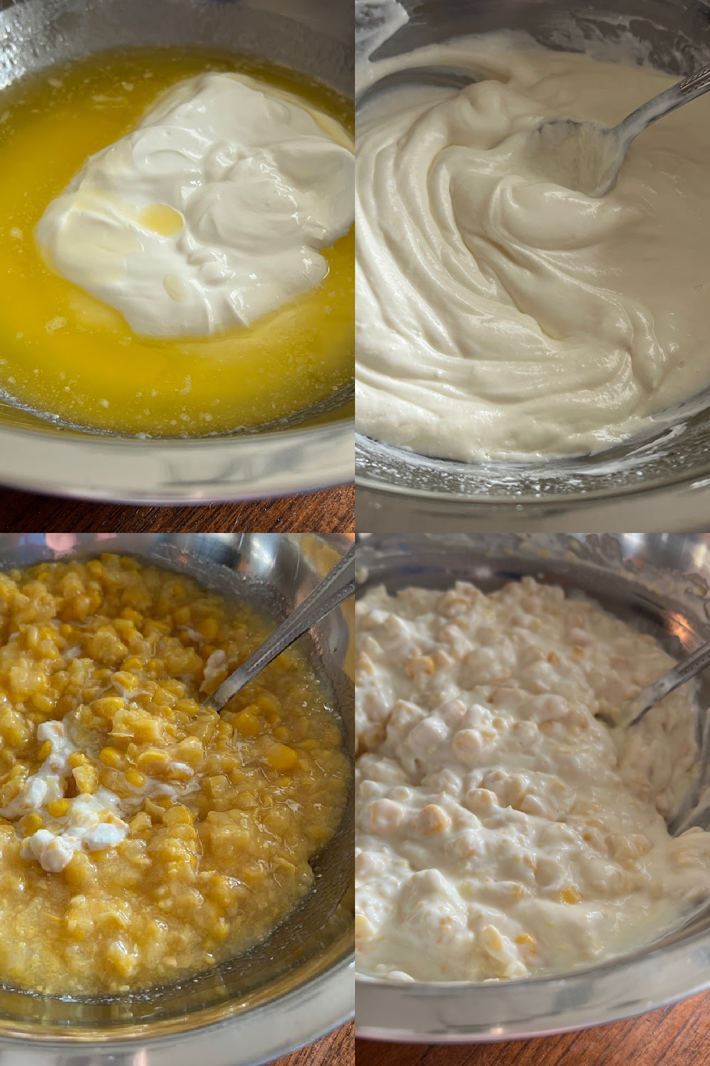 This is a four photo collage showing pictures making the corn casserole, mixing the ingredients in a large silver mixing bowl.