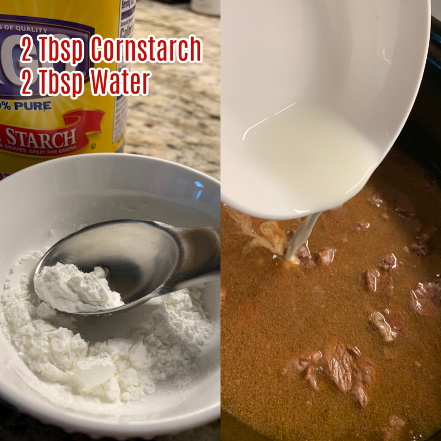 2 Tablespoons cornstarch and 2 Tablespoons Water mixed and added to beef tips last hour of cooking.