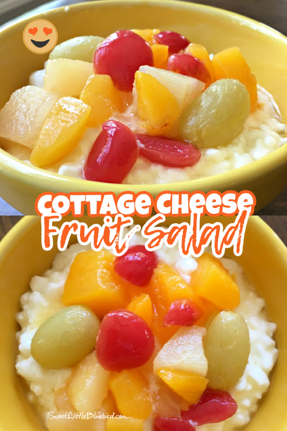 This is a 2 photo collage showing Cottage Cheese Fruit Salad served in a yellow bowl.