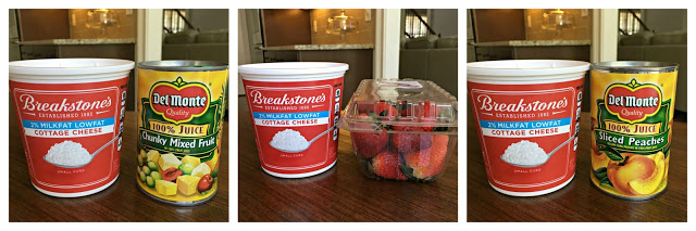 This is a 3 photo collage showing a container of cottage cheese with different fruit - can of mixed fruit, can of peaches and a container of fresh strawberries. 