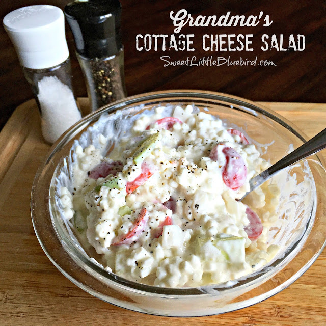 This photo show Grandma's Cottage Cheese Salad in a clear glass mixing bowl.