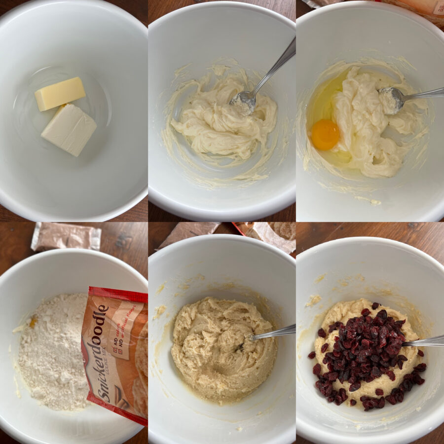 Photo collage of the making the cookies, mixing bowls with ingredients. 