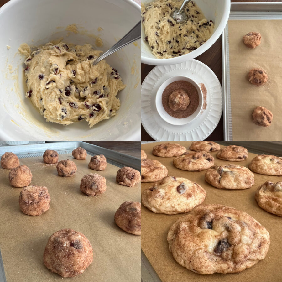 Photo collage of making the cookies - cookie dough in a bowl, cinnamon mixture in a small bowl and the cookie dough spooned on the cookie sheet. Photos of raw dough and then baked cookies on cookie sheet. 