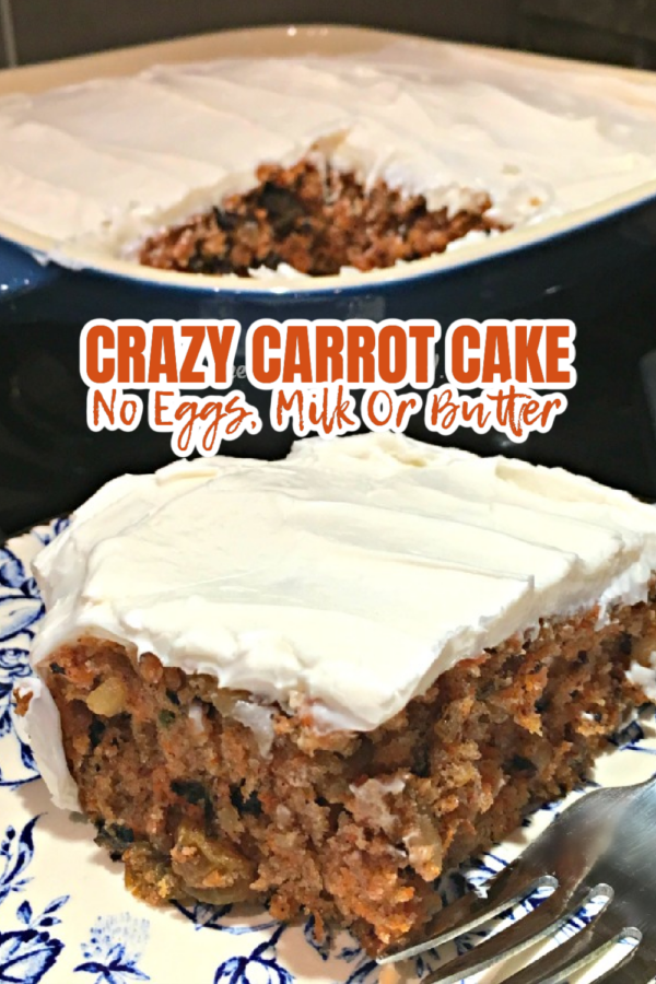 This is a photo of a piece of crazy carrot cake topped with vanilla frosting on a plate with a fork. Behind the plate is the baking dish with the cake.