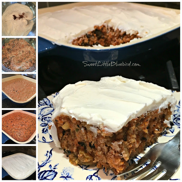 This is a 6 photo collage showing pictures of the Crazy Carrot Cake being made. 