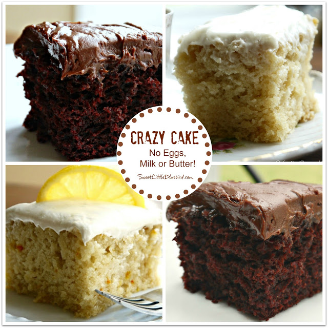 4 photo collage of pieces of Crazy Cake in Chocolate, Vanilla, Lemon and Coffee & Kahlua. 