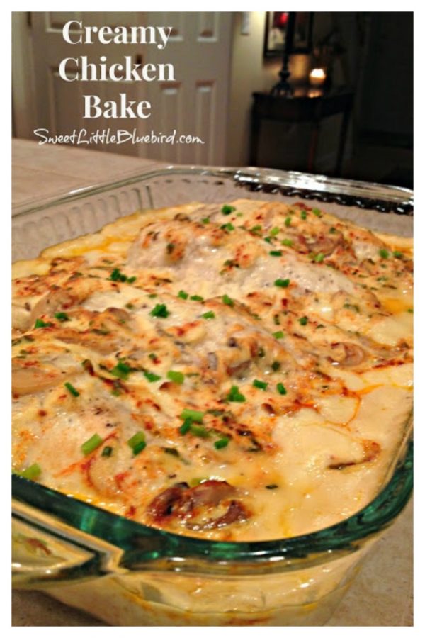 Photo of creamy chicken bake after baking in a clear glass baking dish.