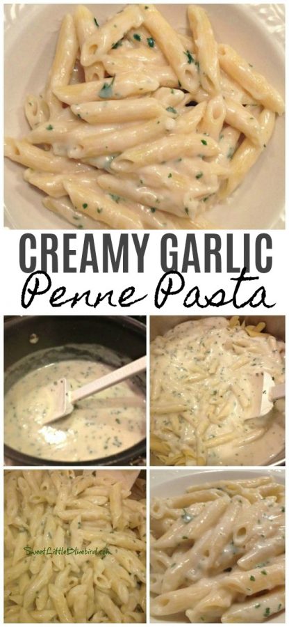 This is a collage photo of creamy garlic penne pasta being made in a black stock pot along with a photo of the pasta served in a white bowl/