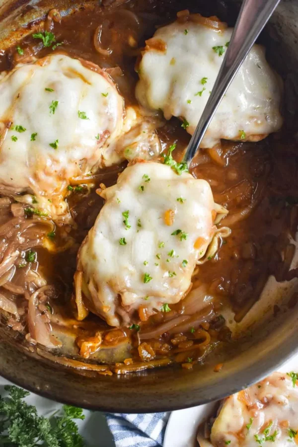 Photo of French Onion Pork chops cooked in a pan - by Dance Around the Kitchen