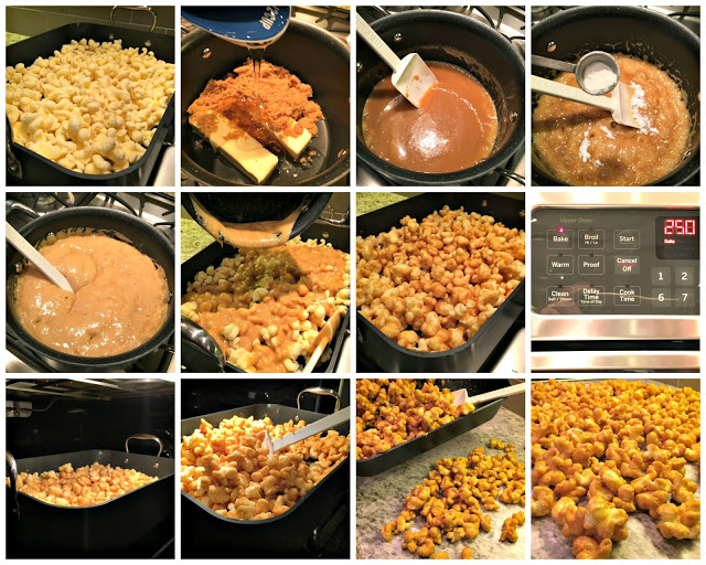 This is a 12 photo collage showing pictures making the caramel corn.