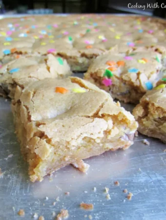 Easter Egg Blondies baked in pan and cut into sqaures.